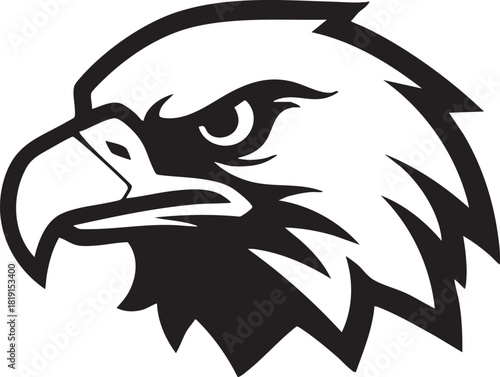 A black and white illustration of an eagle's head, showcasing sharp talons and fierce gaze, symbolizing freedom and power