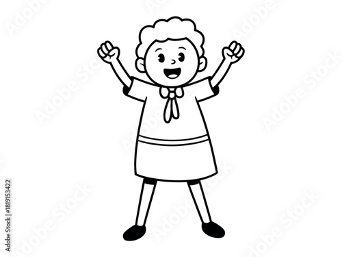 A happy, cartoon child with arms raised in excitement, celebrating a victory or achievement with a big smile.