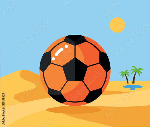Soccer ball in a desert landscape with palm trees