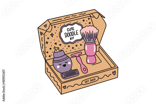 A cute doodle kit box is open, revealing a kawaii-style shaving brush, razor, and toiletries for a delightful grooming experience.