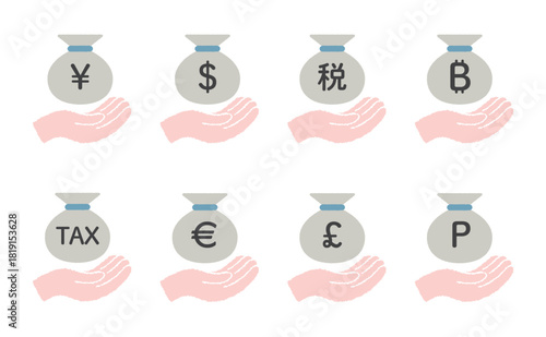 片手で支える主要通貨の円袋イラストセット｜金融・資産・経済支援のシンボル素材