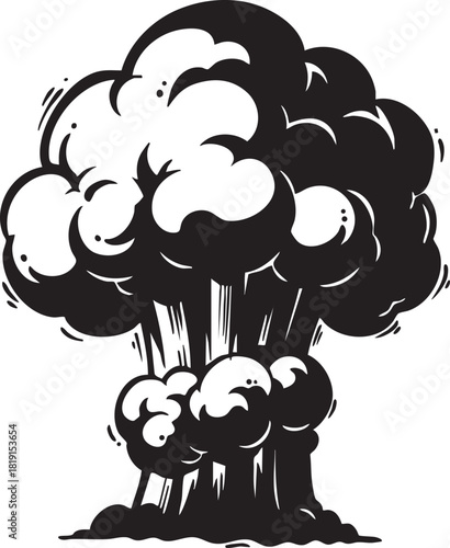 Explosion illustration depicting a massive cloud formation rising from the ground with a dramatic and intense scene