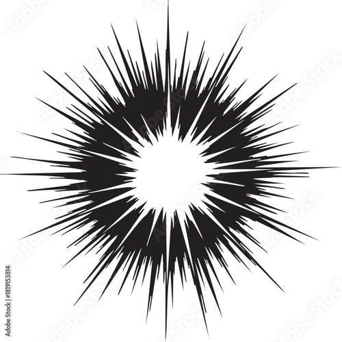 A black starburst graphic illustration on a white background viewed from a straightforward perspective