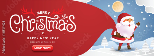 Merry Christmas banner with cute funny Santa Claus character in cartoon style holding a big red bag and free space