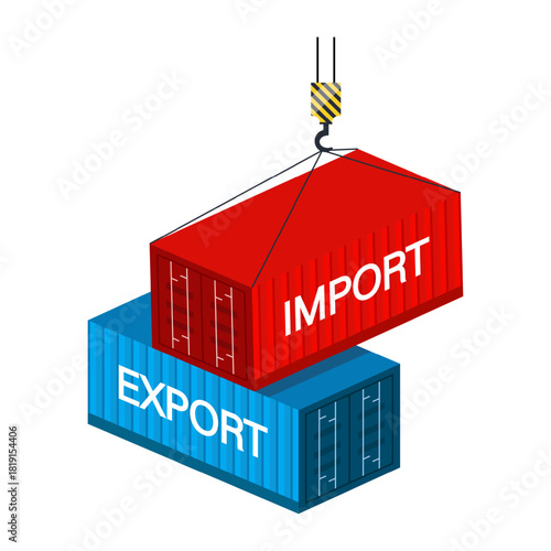 Import and Export containers on a cargo crane. Logistics and shipping vector illustration.