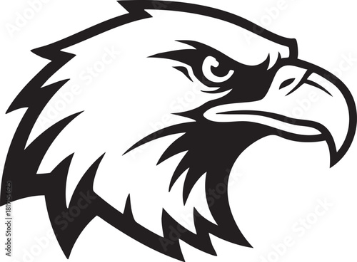 Illustration of a majestic eagle head with sharp beak, feathers, and fierce expression, viewed from the side in a bold black and white design