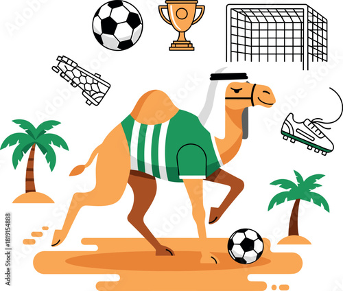 Camel playing soccer in desert with Saudi Arabia elements