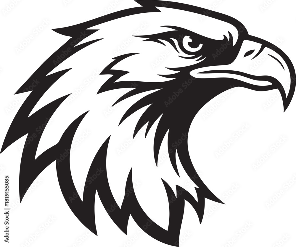 Obraz premium A majestic bald eagle's head is illustrated in black and white, showcasing sharp feathers and a strong beak from a side viewpoint.
