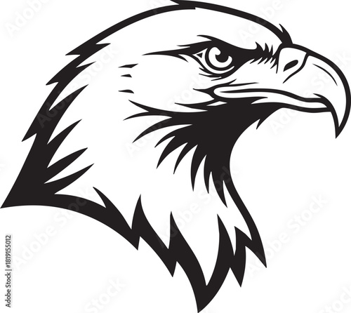 A black and white illustration of an eagle's head profile showcasing sharp feathers and a strong beak