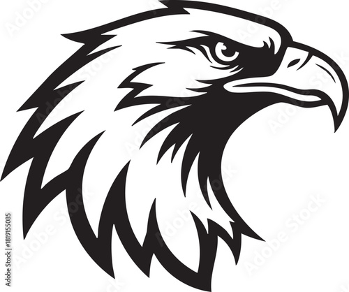 A majestic bald eagle's head is illustrated in black and white, showcasing sharp feathers and a strong beak from a side viewpoint.