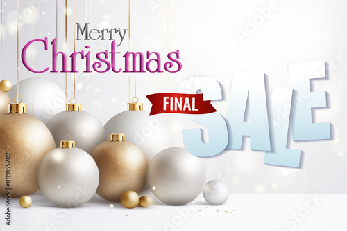 Merry Christmas banner. New Year's Eve sale. golden balloons. Winter background.  A Christmas flyer. Elegant Greeting Design and Text.
