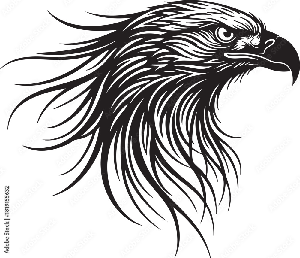Obraz premium A majestic eagle head illustration with flowing feathers, sharp beak, and piercing gaze, depicted in bold black lines on a clean white background, viewed from the side.