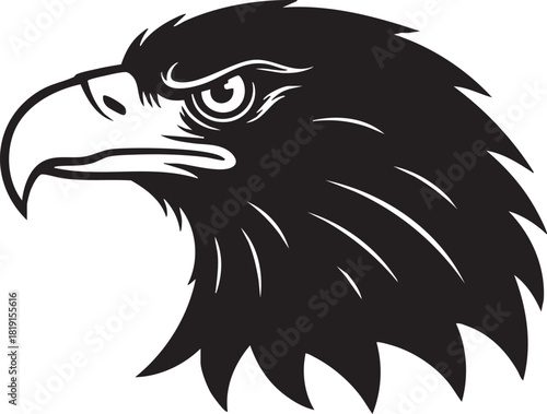 A majestic eagle's head is illustrated in a detailed black silhouette against a simple background from a side viewpoint.