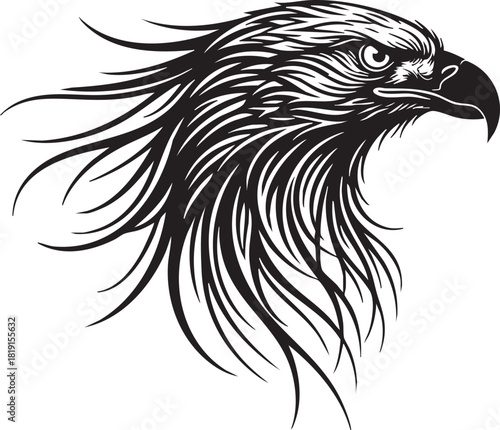 A majestic eagle head illustration with flowing feathers, sharp beak, and piercing gaze, depicted in bold black lines on a clean white background, viewed from the side.