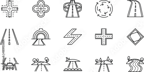Roads, Navigation, and Transportation Vector Line Icons Set, including Intersection, Highway, Overpass, Traffic, Route, and Travel Map Elements