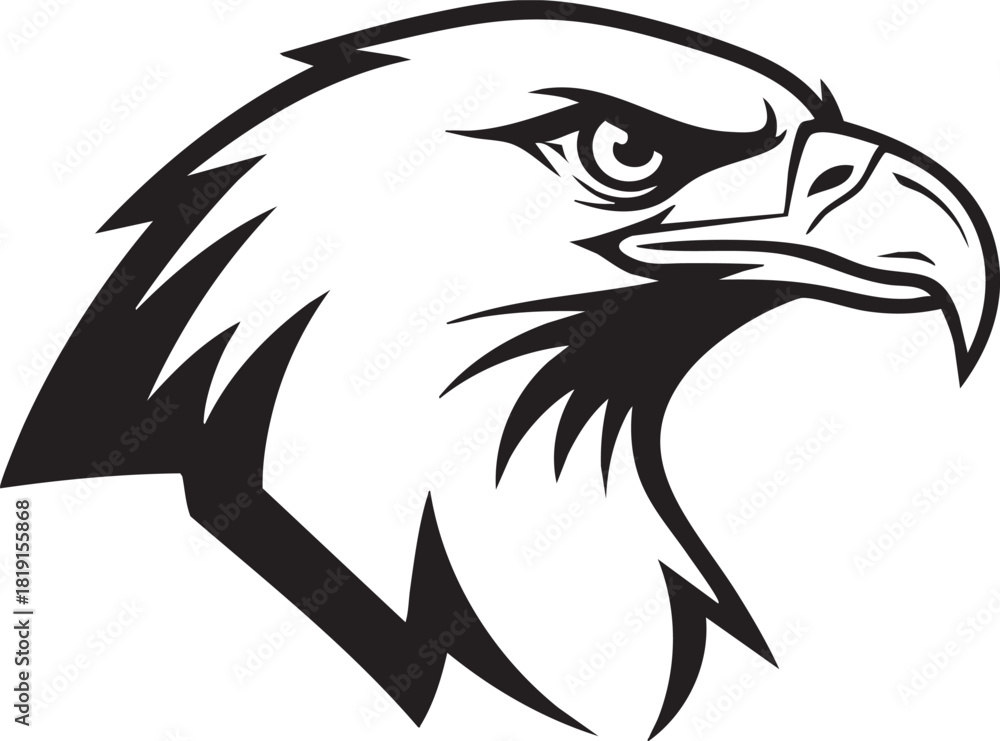 Obraz premium Vector illustration of a bald eagle head profile with sharp beak and feathers, symbolizing freedom and power, on a clean background.