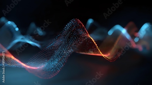 Abstract flowing particle waves in red and blue a dynamic digital art background for technology and science presentations with a dark backdrop