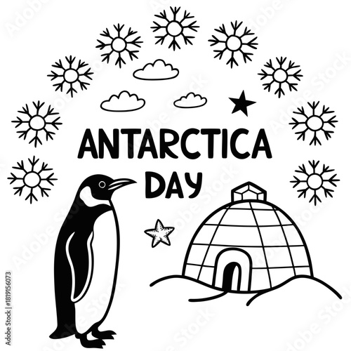 Antarctica Day Vector Illustration, Penguins, Icebergs, and Antarctic Research Station Isolated on White Background