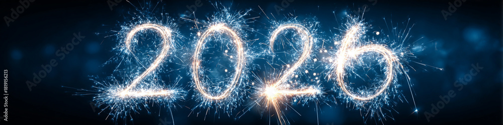 Naklejka premium Crisp vector sparks forming 2026 on deep blue backdrop