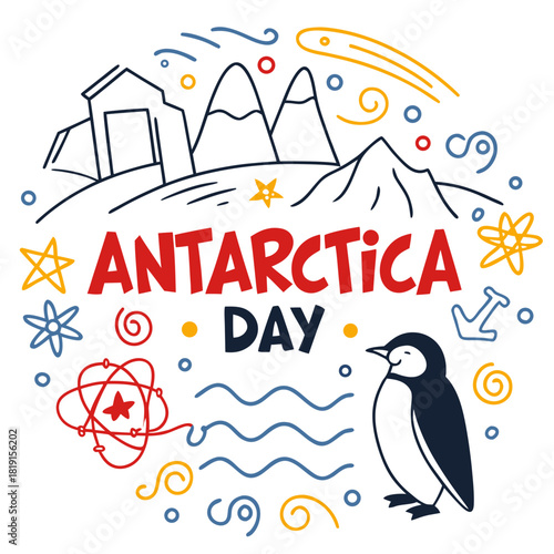 Antarctica Day Vector Illustration, Penguins, Icebergs, and Antarctic Research Station Isolated on White Background