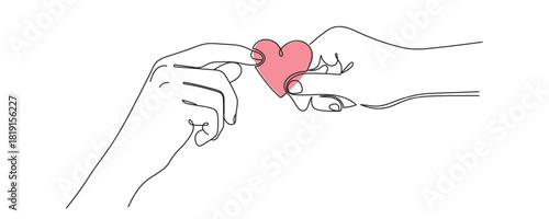 Hands holding a heart in one line style. Vector illustration.Editable line.