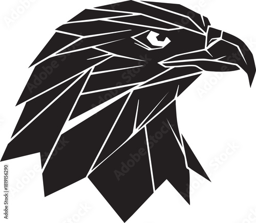 Geometric illustration of an eagle's head profile with sharp lines and polygonal shapes