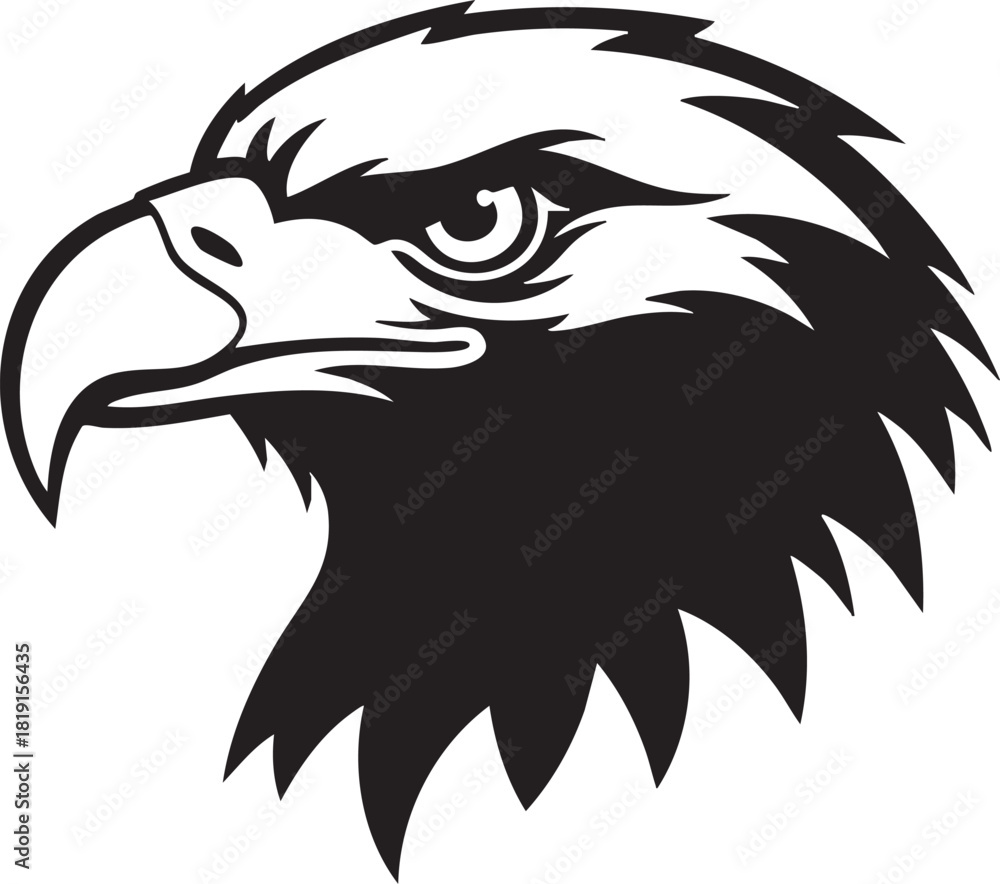 Obraz premium A majestic eagle's head illustrated in black and white, showcasing its sharp beak and piercing gaze from a close-up profile view