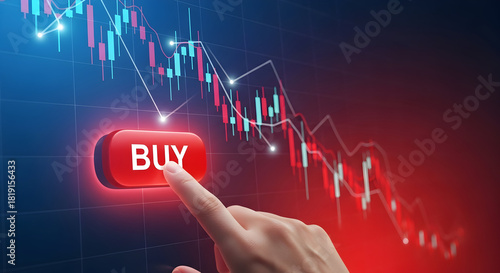 Hand presses a glowing red buy button against a backdrop of a downward trending stock market chart indicating a strategic investment opportunity during a market correction or dip for financial gains