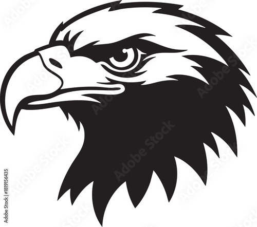 A majestic eagle's head illustrated in black and white, showcasing its sharp beak and piercing gaze from a close-up profile view