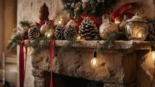 A festive mantelpiece adorned with ornaments, pine cones, garlands, lights, and ribbons