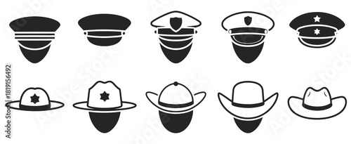 Black police hat flat vector icon collection including realistic headgear and badge elements, part of law and justice system graphics suitable for web, mobile, and interface design.

