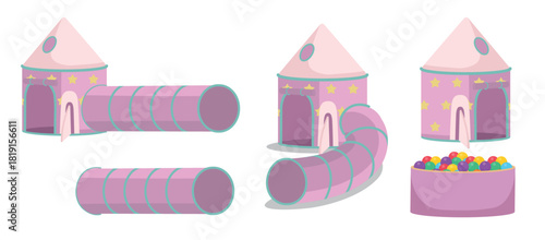 Set of Children's playhouse with a round tunnel on a white background. Cartoon vector.
