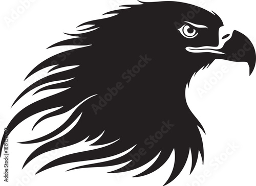 A majestic eagle's head is illustrated in black silhouette against a white background