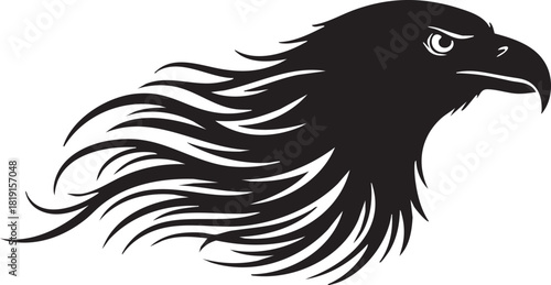 A majestic eagle's head is depicted in a dynamic illustration, showcasing flowing feathers and a sharp beak.