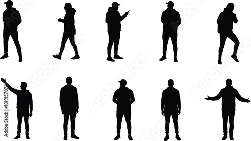 Human silhouettes standing poses, expressive gestures, casual people with phones, abstract shadow figures, minimal lifestyle design, modern posture reference