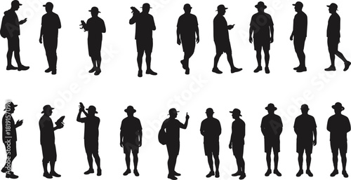 "Human silhouettes standing poses, people with hats backpacks phones drinks, casual stances, abstract shadow figures, minimal design, lifestyle concept"