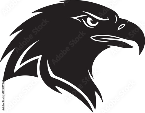 A majestic hawk's head is illustrated in a minimalist black and white graphic style
