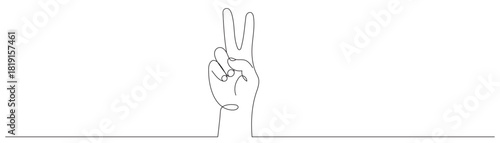 A hand gesture drawn in one line, a minimalist human hand gesture with two fingers raised upwards. Editable line