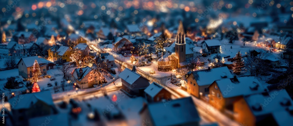 Fototapeta premium Festive snowy village scene