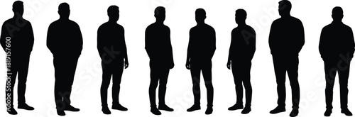 Human silhouettes, eight casual standing figures with varied postures and stances, abstract shadow design, lifestyle posture reference illustration set