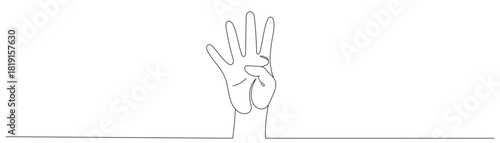 A single line drawing of a hand showing the number four. Four fingers. Editable line.
