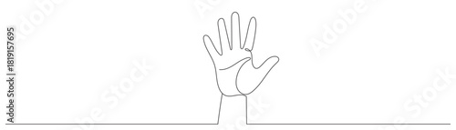 A single line drawing of a hand showing the number five. Five fingers. Editable line.