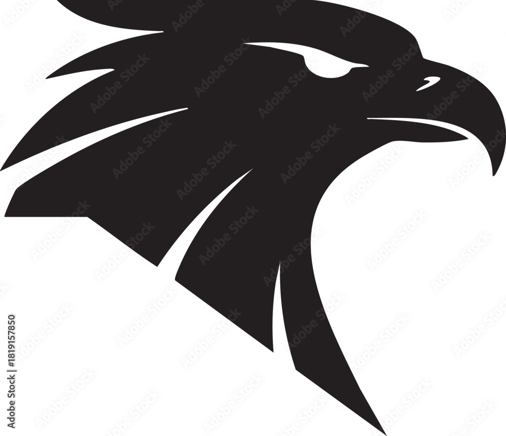 Fototapeta premium A black silhouette of a bird's head, possibly an eagle, in profile view with sharp beak and piercing gaze