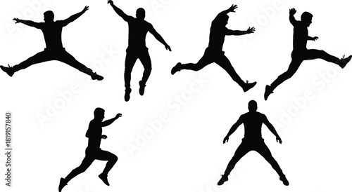 Jumping and running silhouette, black figure art, dynamic motion sequence, expressive posture, athletic gesture, movement study, physical energy, action concept