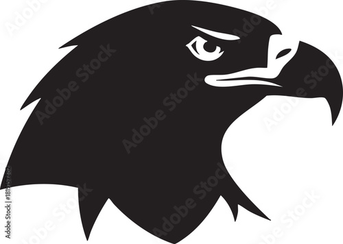 A majestic eagle's head is depicted in a striking black silhouette against a white background, showcasing sharp details and a fierce expression from a side viewpoint.