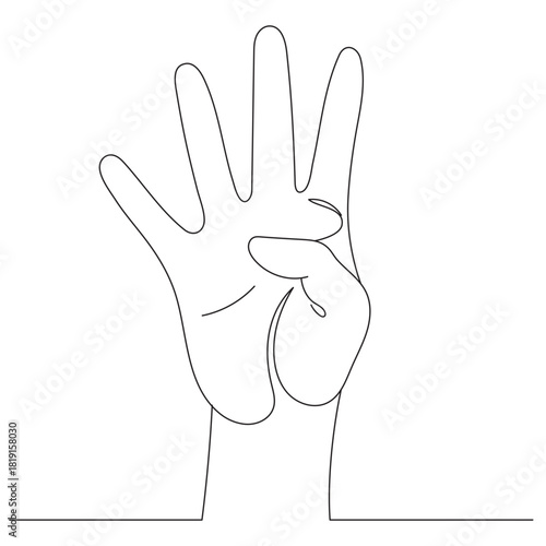 A single line drawing of a hand showing the number four. Four fingers. Editable line.