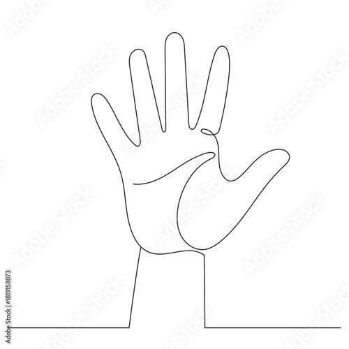 A single line drawing of a hand showing the number five. Five fingers. Editable line.