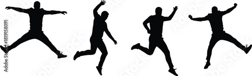 Jumping and running silhouette, dynamic motion sequence, black figure art, expressive posture, athletic gesture, movement study, physical activity, energy concept