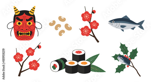 Collection of Japanese cultural icons including a demon mask, plum blossoms, sushi, and fish.