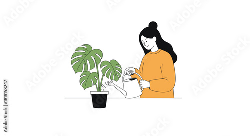 Young woman watering a large potted houseplant with a watering can.
